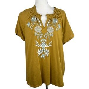 J. Jill Green Floral Embroidered Boho V-Neck Ruffle Neckline Top Size Small